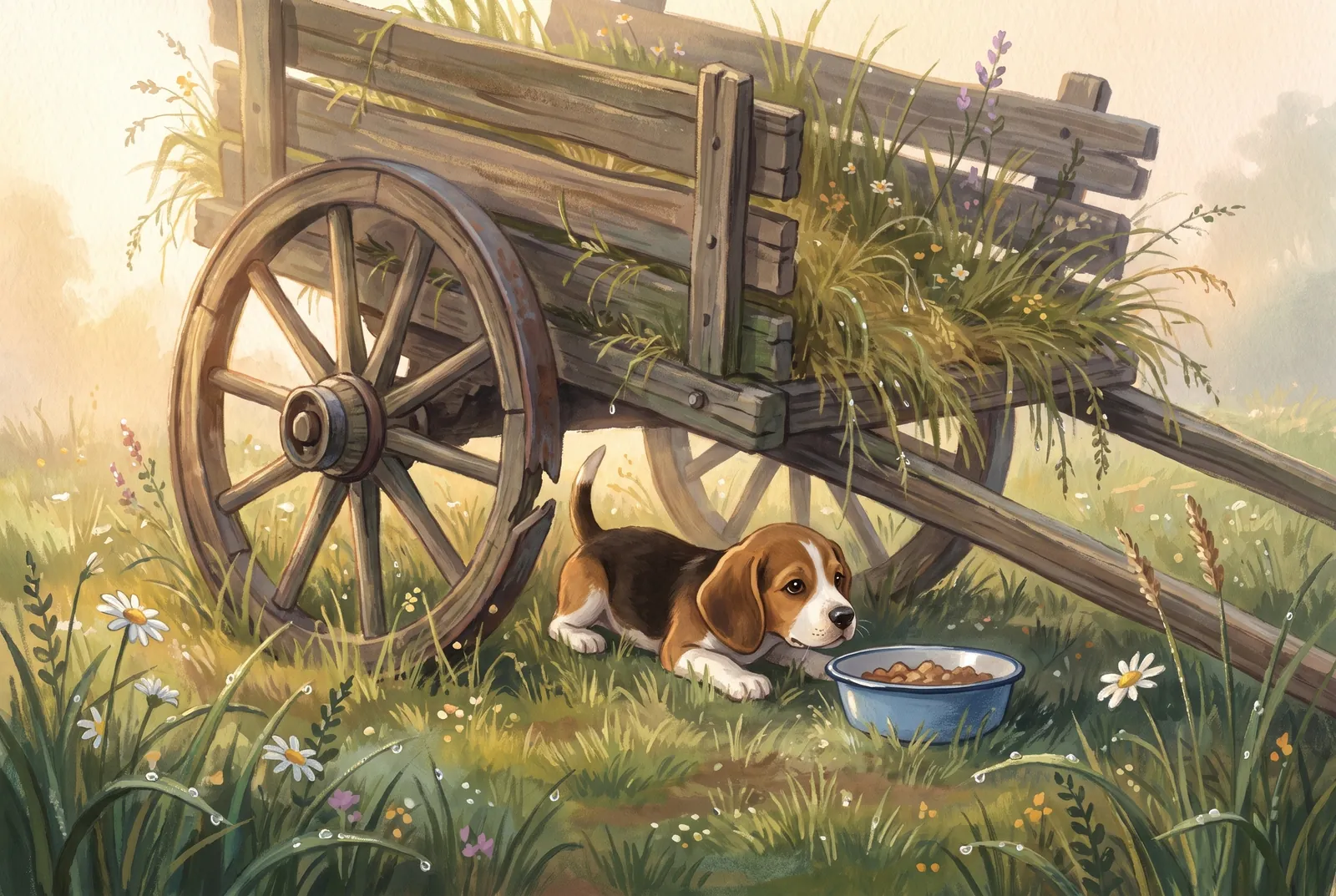 A beagle puppy under an old hay cart reaches toward a bowl of food set in the grass