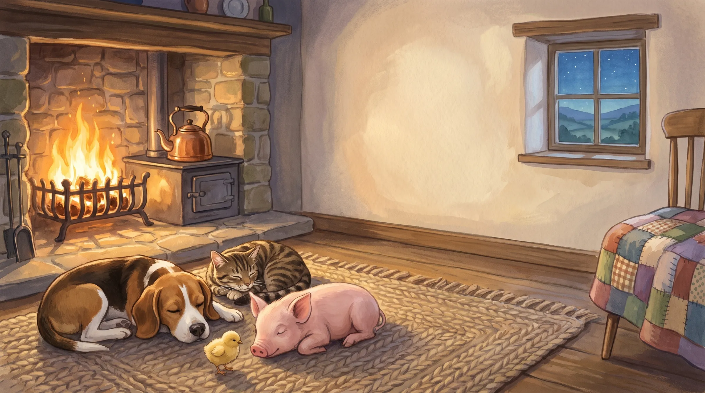 A beagle, a tabby cat, a piglet and a chick asleep together on a rug before a glowing hearth