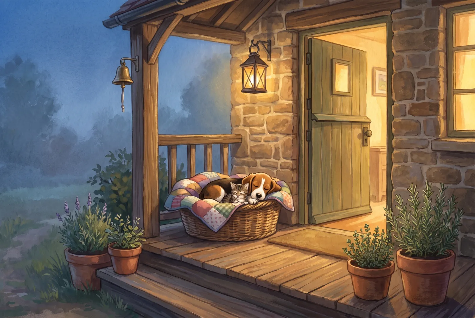 A puppy and a kitten asleep in a quilted basket on a cottage porch at dusk
