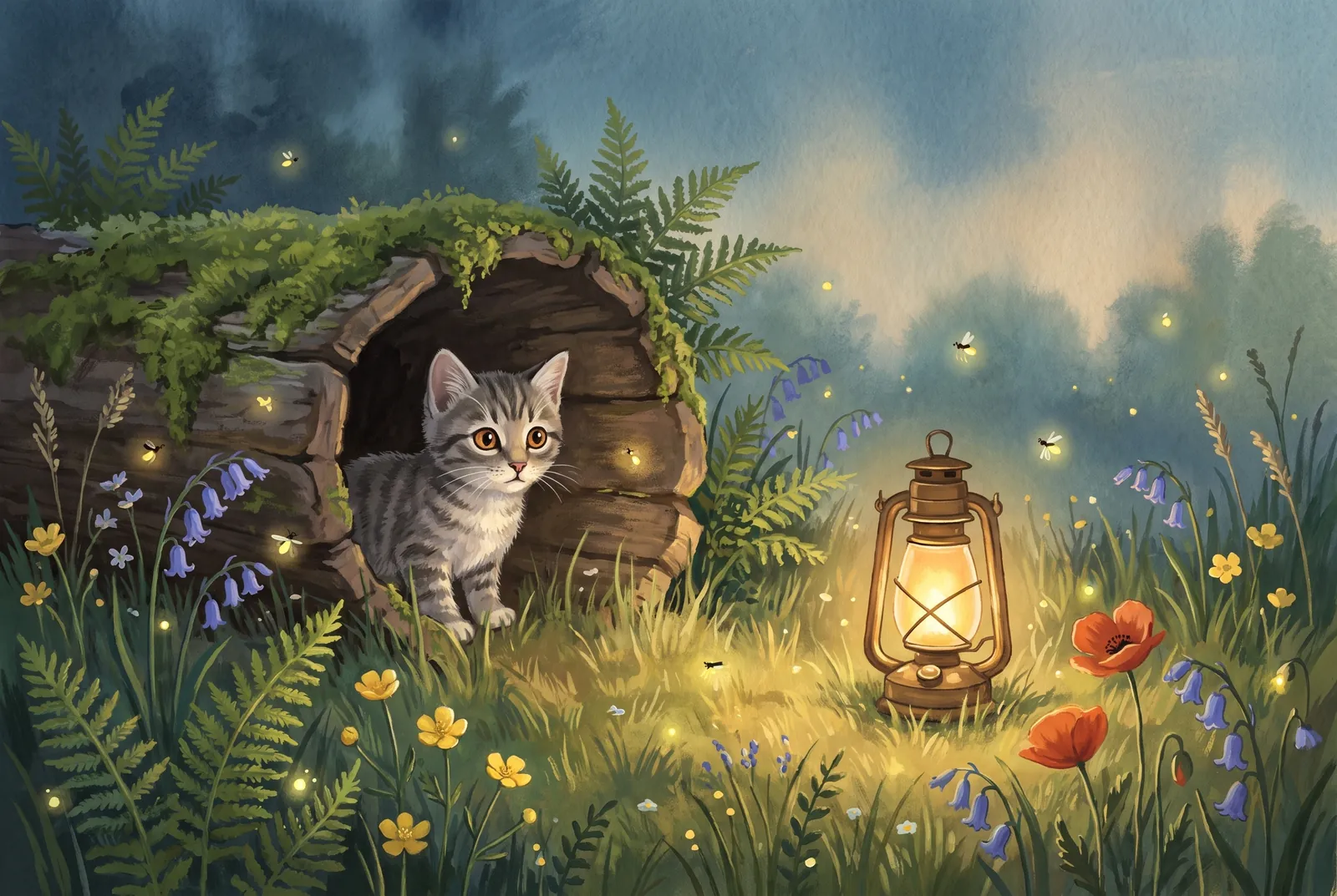 A tabby kitten peeks out of a hollow log beside a lantern at dusk