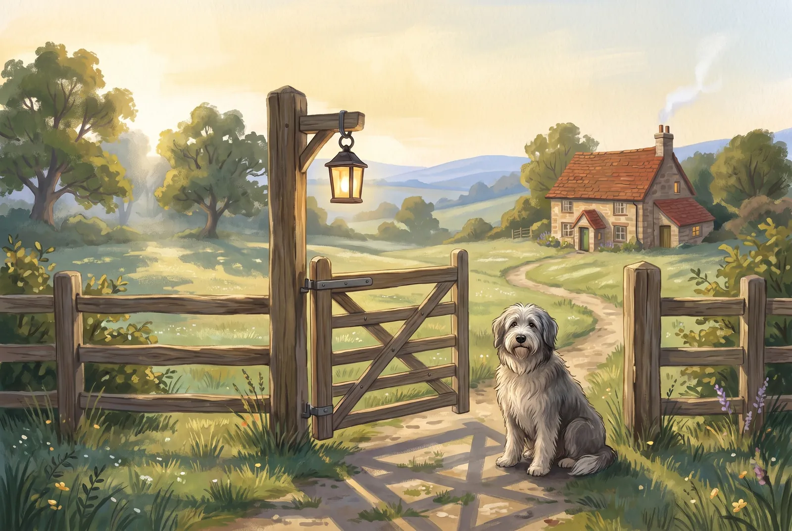 An old sheepdog sits by an open gate at sunrise